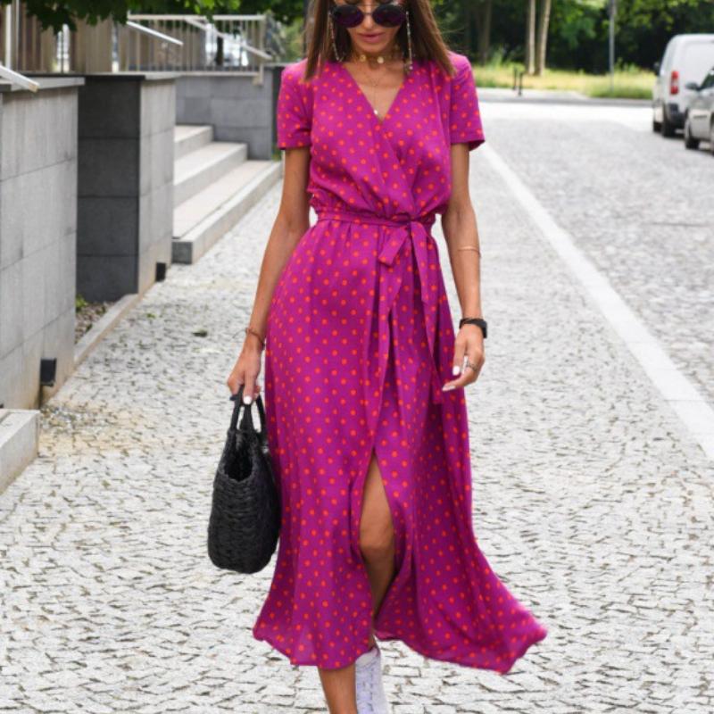 

Летний женский пуловер с цветочным принтом, длинное платье без рукавов, женские модные сексуальные платья с высоким разрезом, глубоким V-образным вырезом и узкой талией M красный/фиолетовый