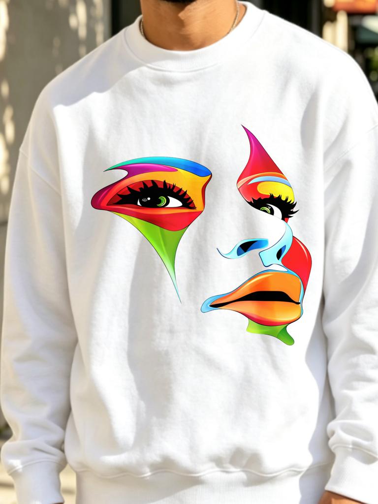 1pc Sweatshirt for Men, Streetwear Abstract Colorful Face Print Pullover, Casual Urban Fashion Top for Young Men, PLUS SIZE
