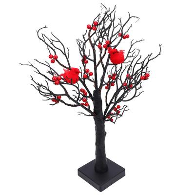 Xmas Artificial Tree with LED Lights Battery Powered Tabletop Centerpiece Tree Lamp with On Off   60 Bulbs Red Birds Berries