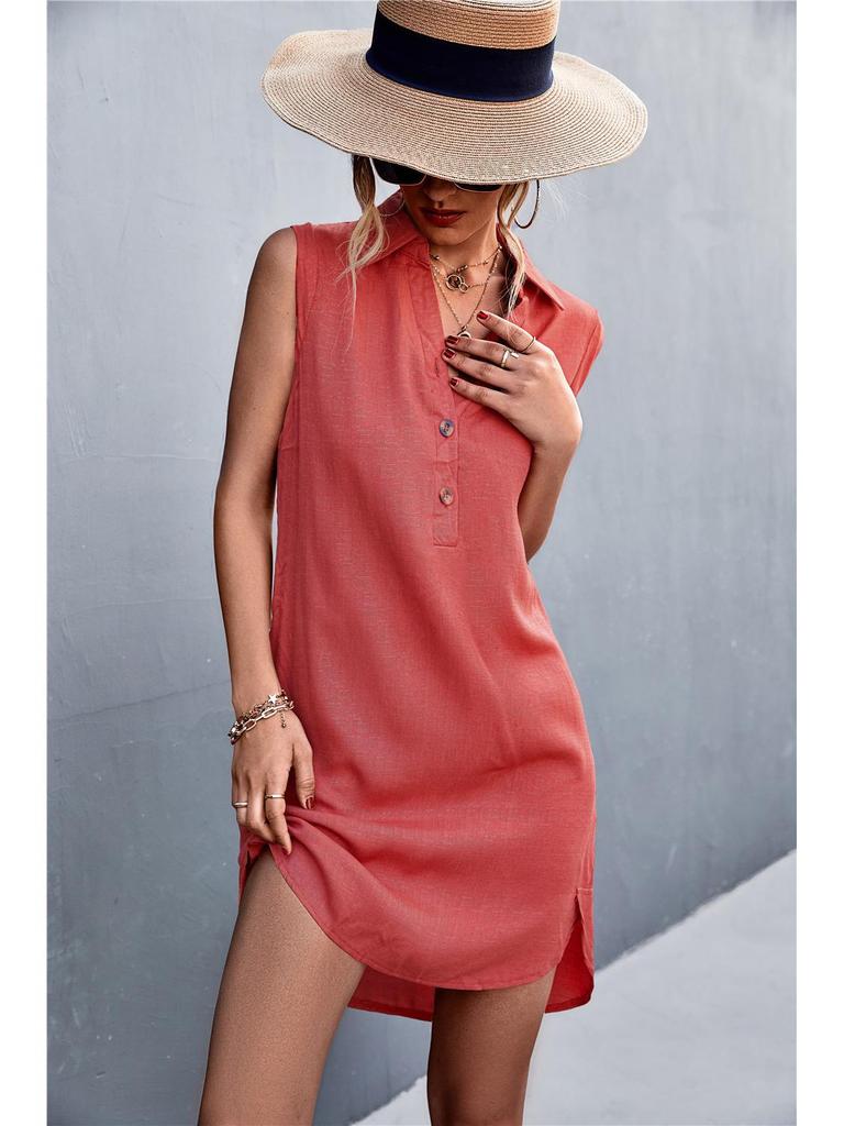 V-Neck Button Sleeveless Cotton Linen Dress with Slit - 2026 Summer Collection