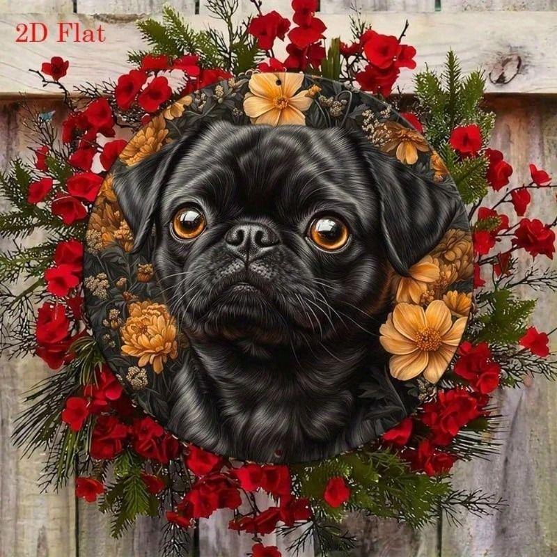 Metal Wall Art Pug with Orange Flower, Black Home Decor Poster