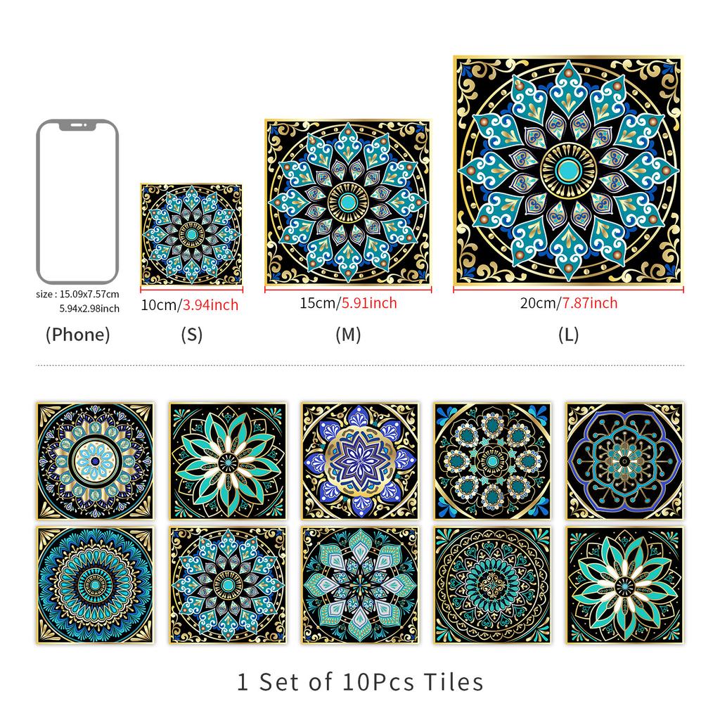 10 Pieces Of Mandala Flower Brick Self-Adhesive Wall Sticker Waterproof Oil-Proof Kitchen Living Room Wall Decoration European Crystal Tile Sticker