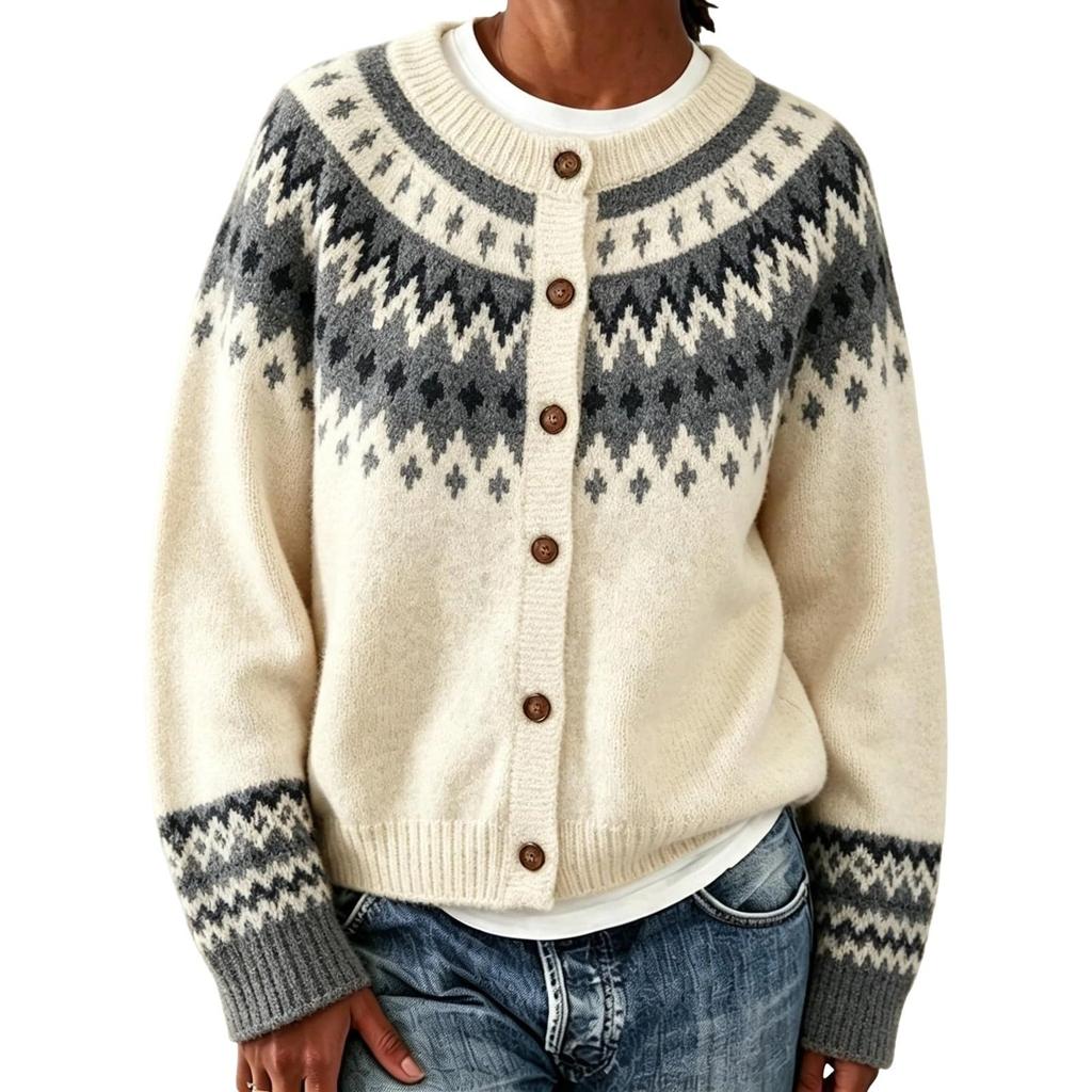 Women's Vintage Round Neck Loose Fit Color Button Sweater for Fall Winter