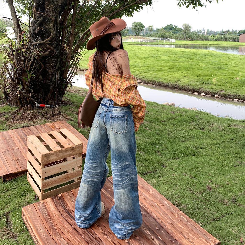 Women's Distressed Gradient Loose Wide-Leg Floor-Length Jeans 2025 Trend