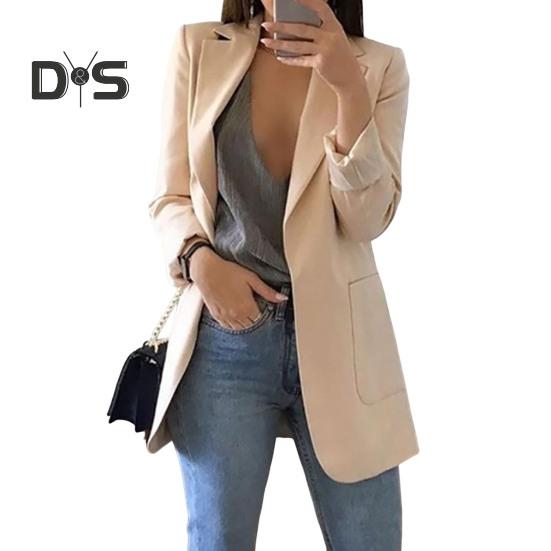 

Женский деловой пиджак с лацканами, длинный рукав, открытая передняя часть, с карманами, однотонный повседневный рабочий костюм XL абрикосовый