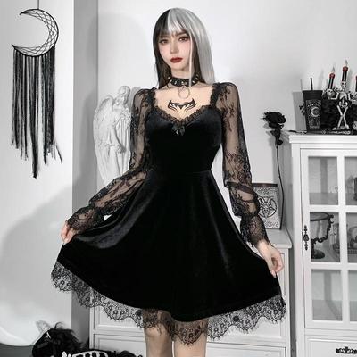 Γοτθικό Μαύρο Μίνι Φόρεμα Δαντελένιο Τελείωμα Ψηλόμεσο Bodycon Φόρεμα Y2K Γυναικείο Vintage Punk Harajuku Lolita Ρούχα