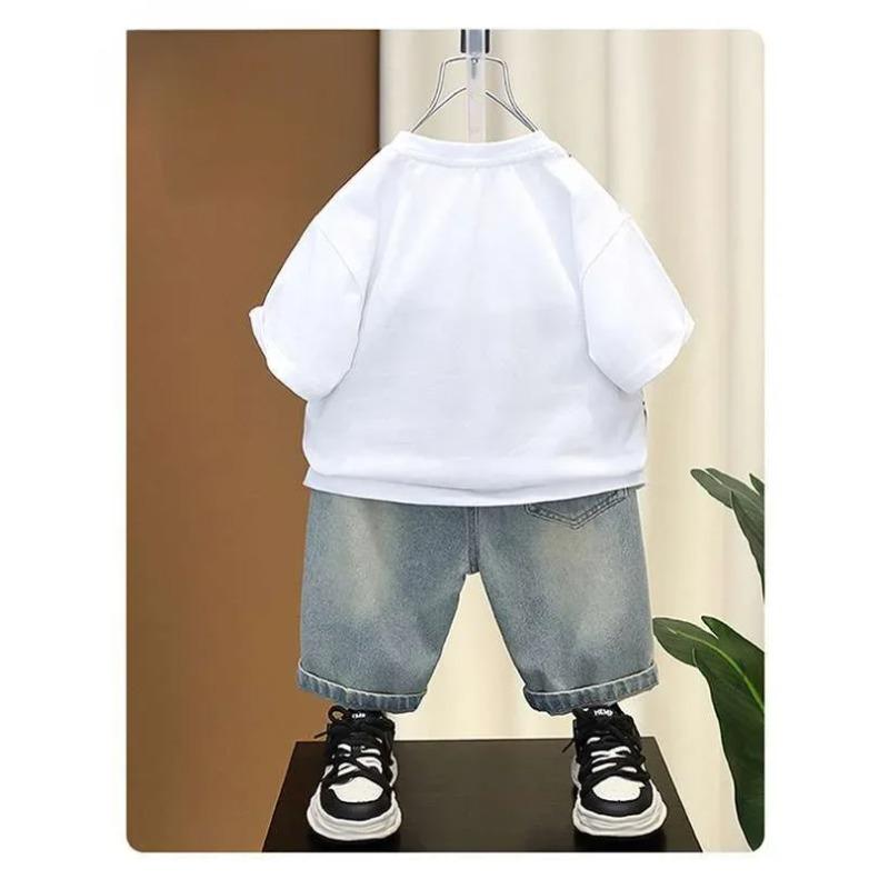 Jungen Sommerkleidungsset Briefdruck Kurzarm-T-Shirt Jeans-Shorts Anzug Kinder Freizeit-Outfit