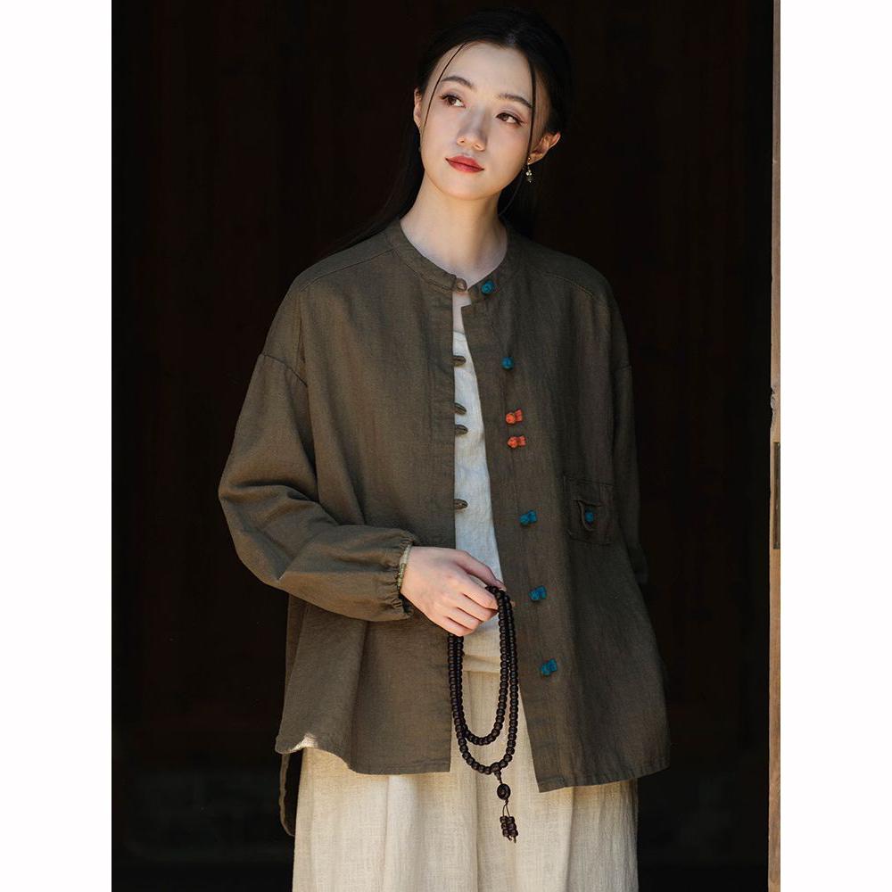 Spring Cotton  Linen Women's Clothing Art Retro Cotton  Linen  Shirt Women's Color Blocked Button Up Cardigan Jacket