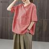 ZANZEA Women Casual V-neck Summer Short Sleeve Grid Print Blouse