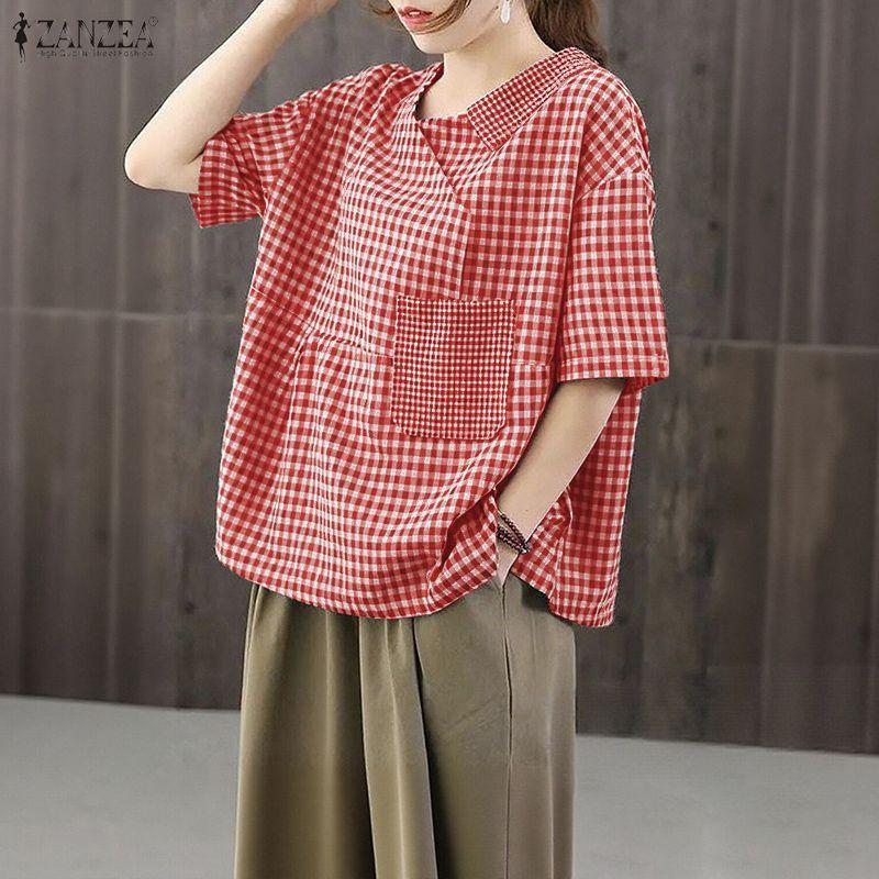 ZANZEA Women Casual V-neck Summer Short Sleeve Grid Print Blouse