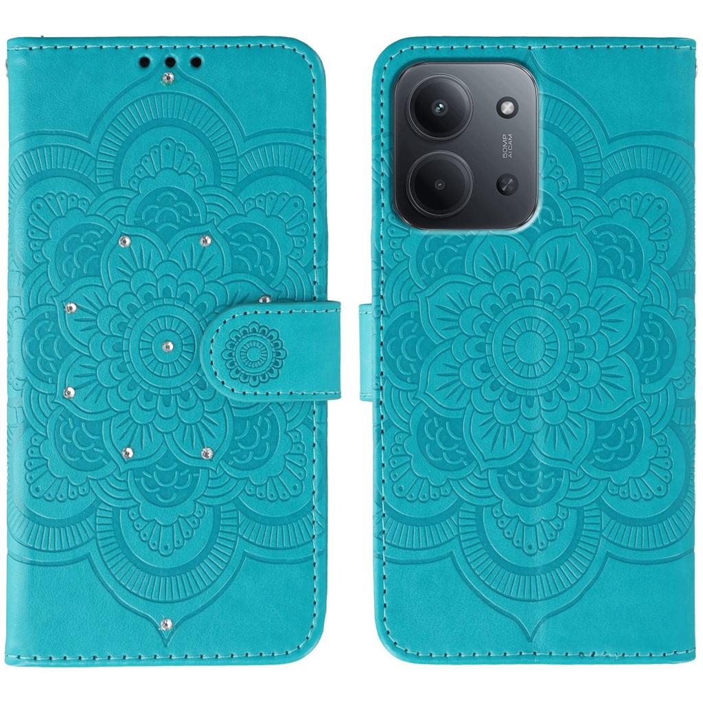 For Xiaomi Redmi 15C 5G (EU) (173mm)/15C 4G (EU) (173mm) Case Rhinestone Decor PU Leather Mandala Imprint Phone Cover with Wrist Strap