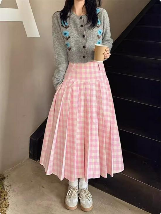 

Ретро Синяя и Белая Клетчатая Юбка А-силуэта с Завышенной Талией для Женщин Плюс Сайз - Осенний Студенческий Стиль Large розовый