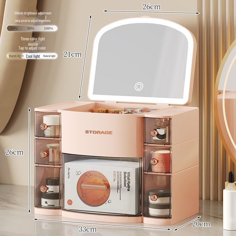 

Подсвеченный 3-цветный ящик для хранения косметики с зеркалом, пылезащитный настольный ящик для средств по уходу за кожей