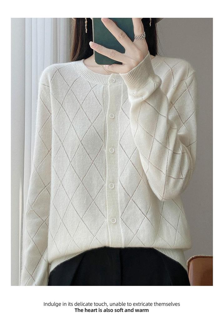Women's 100% Wool Round Neck Cardigan - Autumn/Winter Versatile Short Sweater Coat