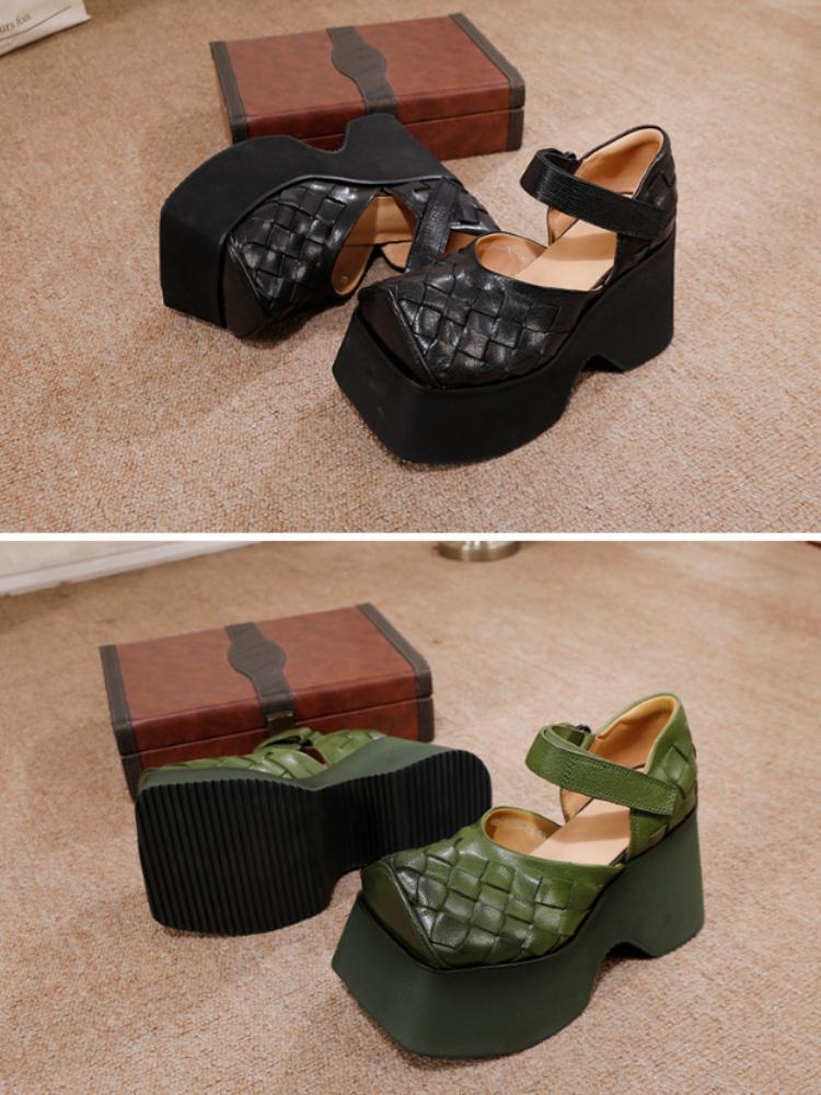 Johnature Cowhide Woven Thick Soled 10cm High Heels Shoes Retro Genuine Leather Women Wedge Sandals