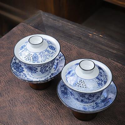 160ml Chinese Ceramic Gaiwan Teacup Handmade High-footed Blue and White Porcelain Tea Tureen Travel Portable Tea Bowl Teaware