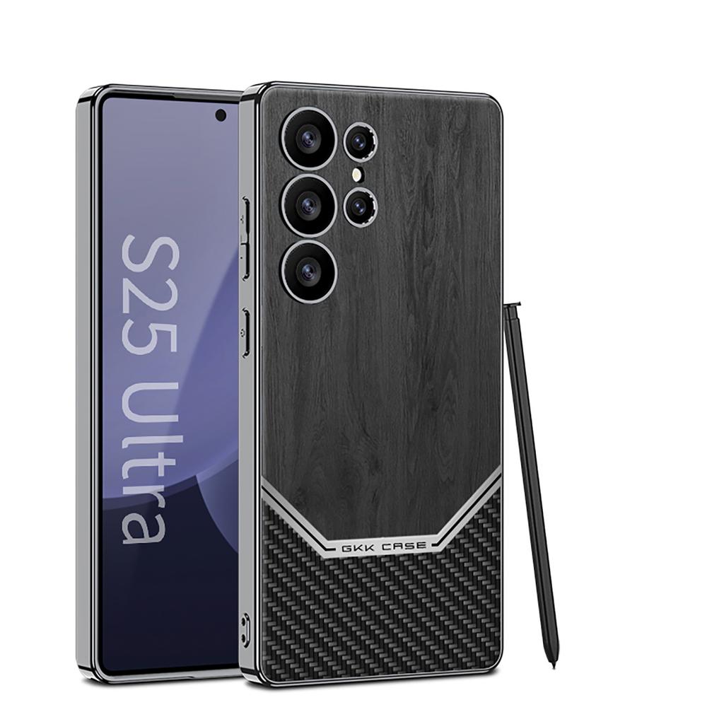 Samsung S25ultra Mobile Phone Case Wood Grain Electroplating Plain Leather S24ultra Fine Hole Full Inclusive Anti Fall Protection Case