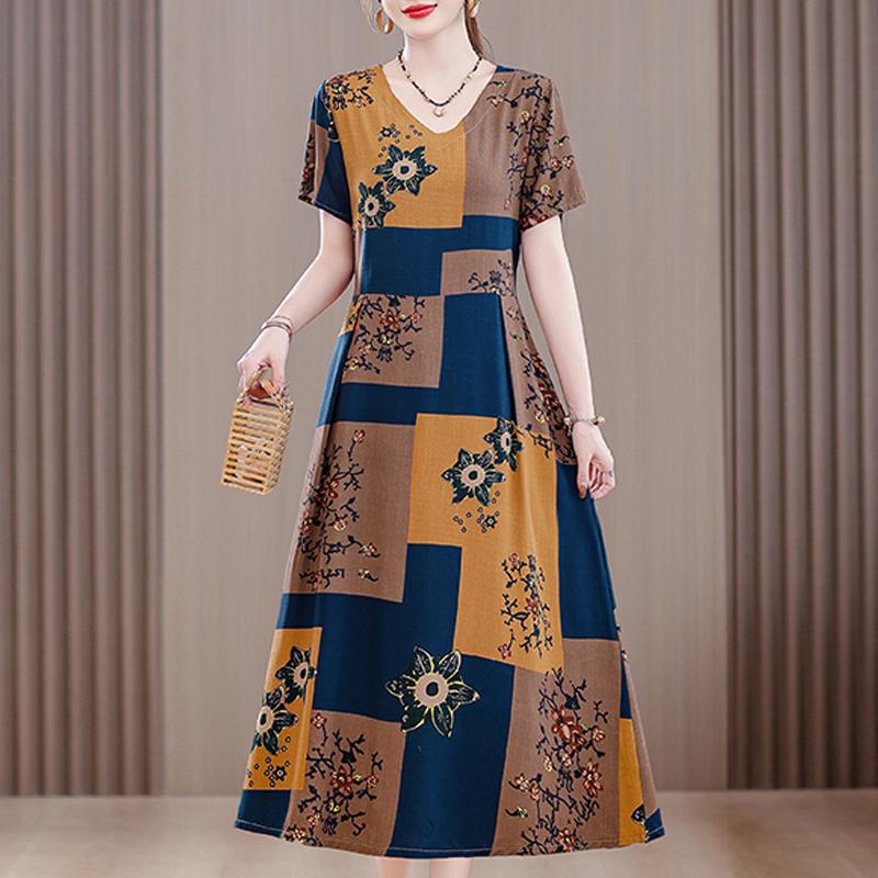 Langes Kleid mit Vintage-Print für Damen in Übergröße, lässiges kurzärmliges Sommerkleid mit Gürtel, Damenbekleidung mittleren Alters
