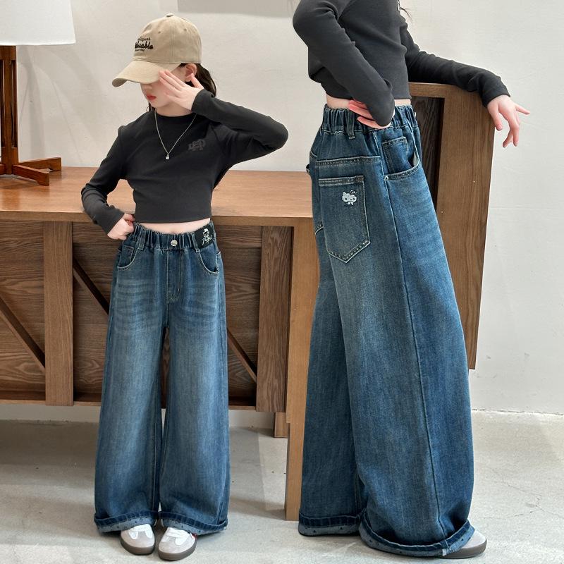 2025 Girls' Trendy Denim Wide-Leg Pants - Spring/Autumn Style, Long Straight-Leg for Big Girls