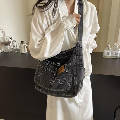 Bolso de mezclilla texturizado Bolso de hombro casual de moda para ir al trabajo, ir de compras, versátil, de gran capacidad, tipo bandolera