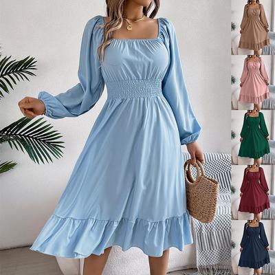 Rochii Noi de Damă Casual Culoare Solidă Gât Pătrat Mânecă Lungă Cu Talie Volan Rochii A-line