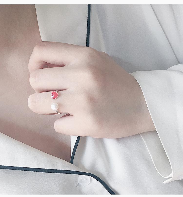 925 Pure Silver Pearl Opening Ring Temperament Red Love Ring Female Japan and South Korea Simple Silver Ornaments