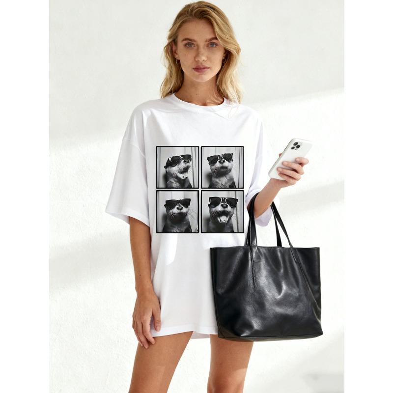 Oversized T-Shirt Black Otter With Sunglasses Print Casual Wear For Women Summer Outfit Streetwear Fashion Trendy Top