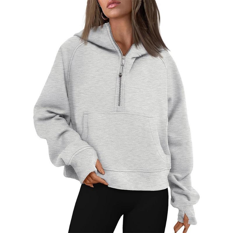 Autumn and Winter Zipper Casual Loose Hoodies Women Tops Fashion Solid Long Sleeve Crop Sweatshirts Women Pocket Simple Office Ladies Hooded 25179