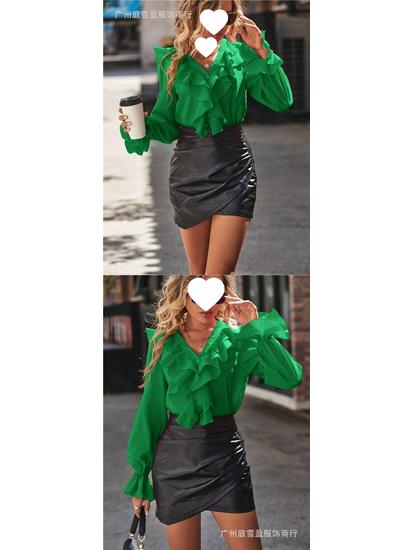 Elegant Women's V-Neck Ruffle Blouse - Autumn Collection