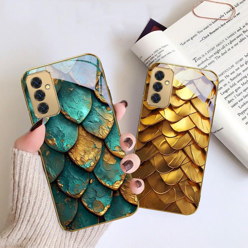 Golden scale texture For Samsung Galaxy S 21 S22 S23 Plus S24 Ultra S20 FE 25Ultra S21+ S9+ 22Plus Golden glass phone case