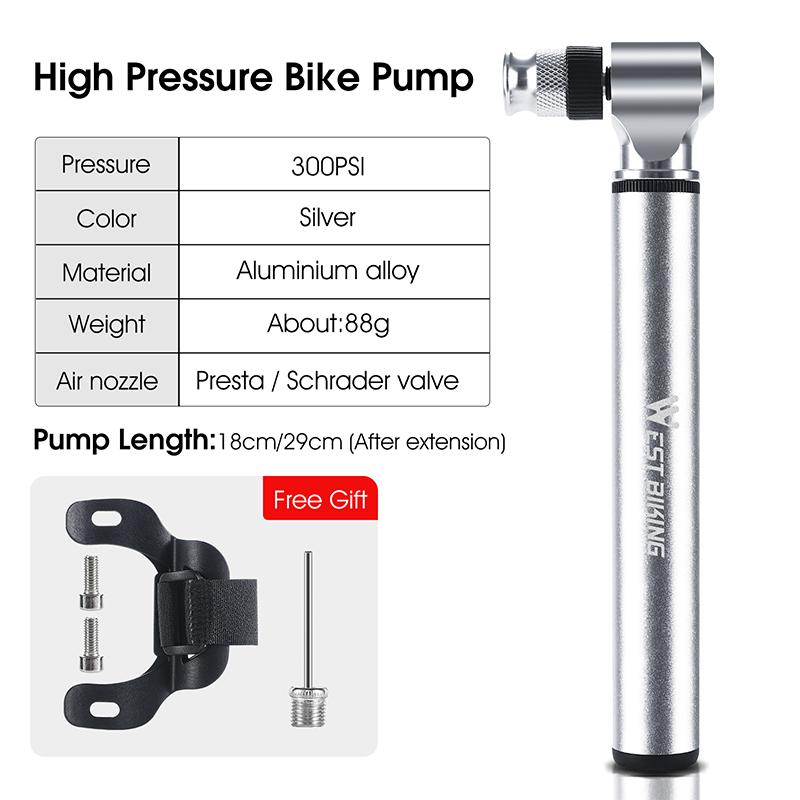 WEST BIKING Portable Bicycle Pump 300PSI High Pressure Bike Air Pump Bike Tire Inflator Schrader Presta Valve Cycling Hand Pump 0711065 Sliver
