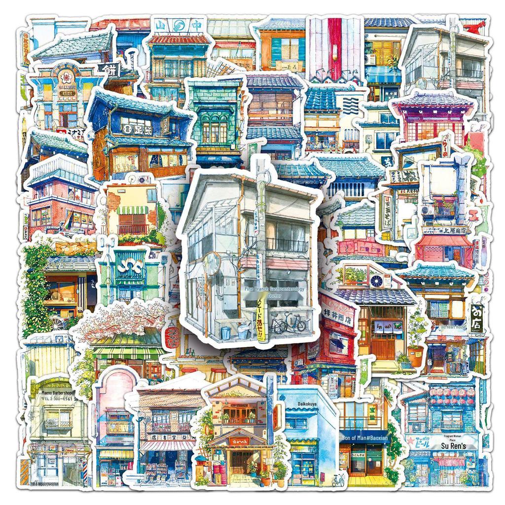 50 Japanese Street Style Cartoon Graffiti Scenery Waterproof Stickers for Journals and Computers.