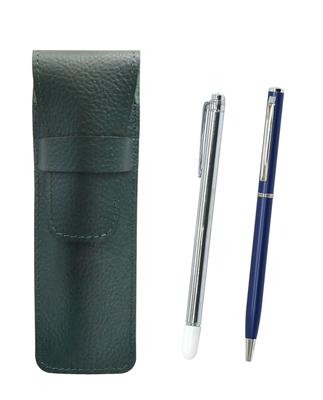 Moss Green Grained Leather Pen Case with Metal Pointer and Slim Twisting Ballpoint Pen Blue 2-Pack Set, SASMG-701S-PD04-L-2