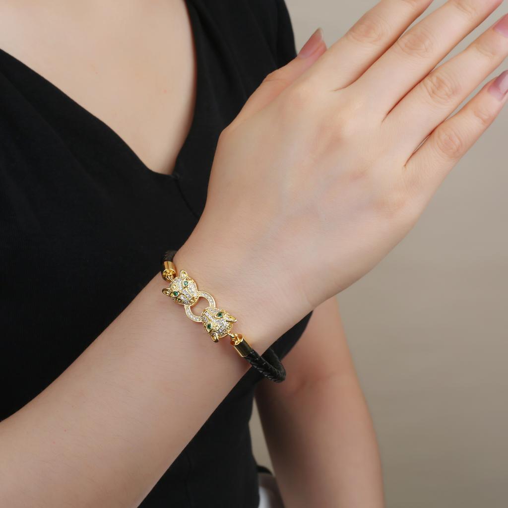 Bully Animal Style Leopard Head Braided Leather Rope Bracelet Fashion for Man Woman Stainless Steel Zirconia Zircon Daily Wear