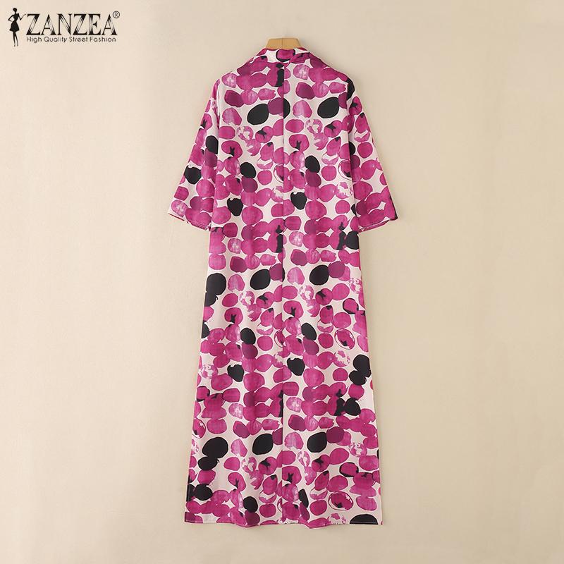ZANZEA Women Turn Down Collar Long Sleeve Loose Print Shirt Dress
