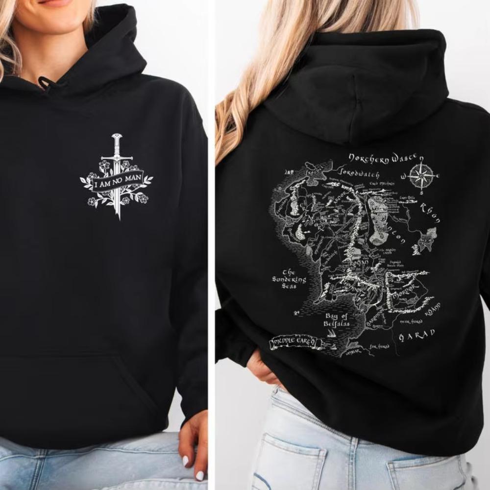 I Am No Man Hoodie Fantasy Map Sweatshirt Bookish Gift for Readers Cozy Adventure Hoodies Feminist Fantasy Apparel Long Sleevewoman