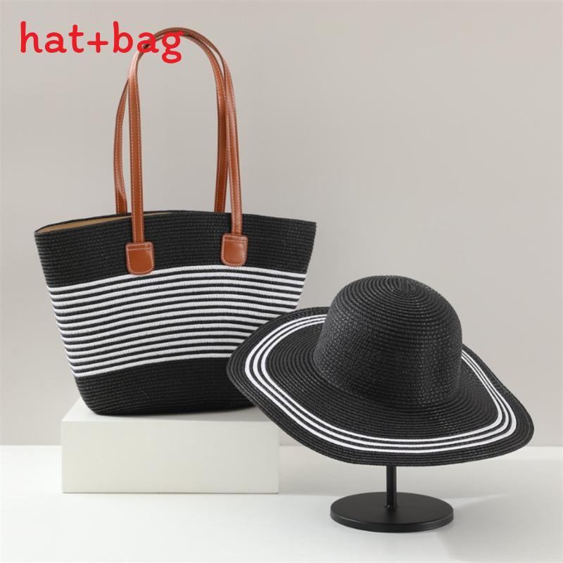 Woven Sun Hat And Large Capacity Straw Tote With Striped Pattern For Travel And Casual Wear