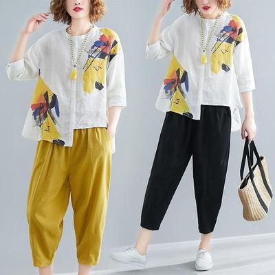 Conjuntos de dos piezas de moda para mujer, trajes de pantalón casual de verano, Hoom, estilo vintage suave, holgados, cómodos, camisa de algodón, pantalones harem