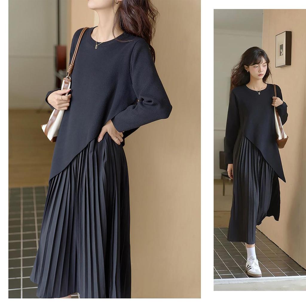 TOWYYO Long Korean Long Round Perfect for Relaxed Fits All Seasons Women's Dress, Style, Simple, Sleeve, Collar, Knit, Pleated, Breathable, Commuting,
