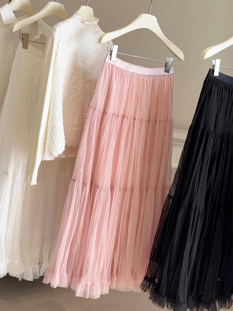 Women's 2026 Spring High-Waisted Ruffled A-Line Mesh Skirt
