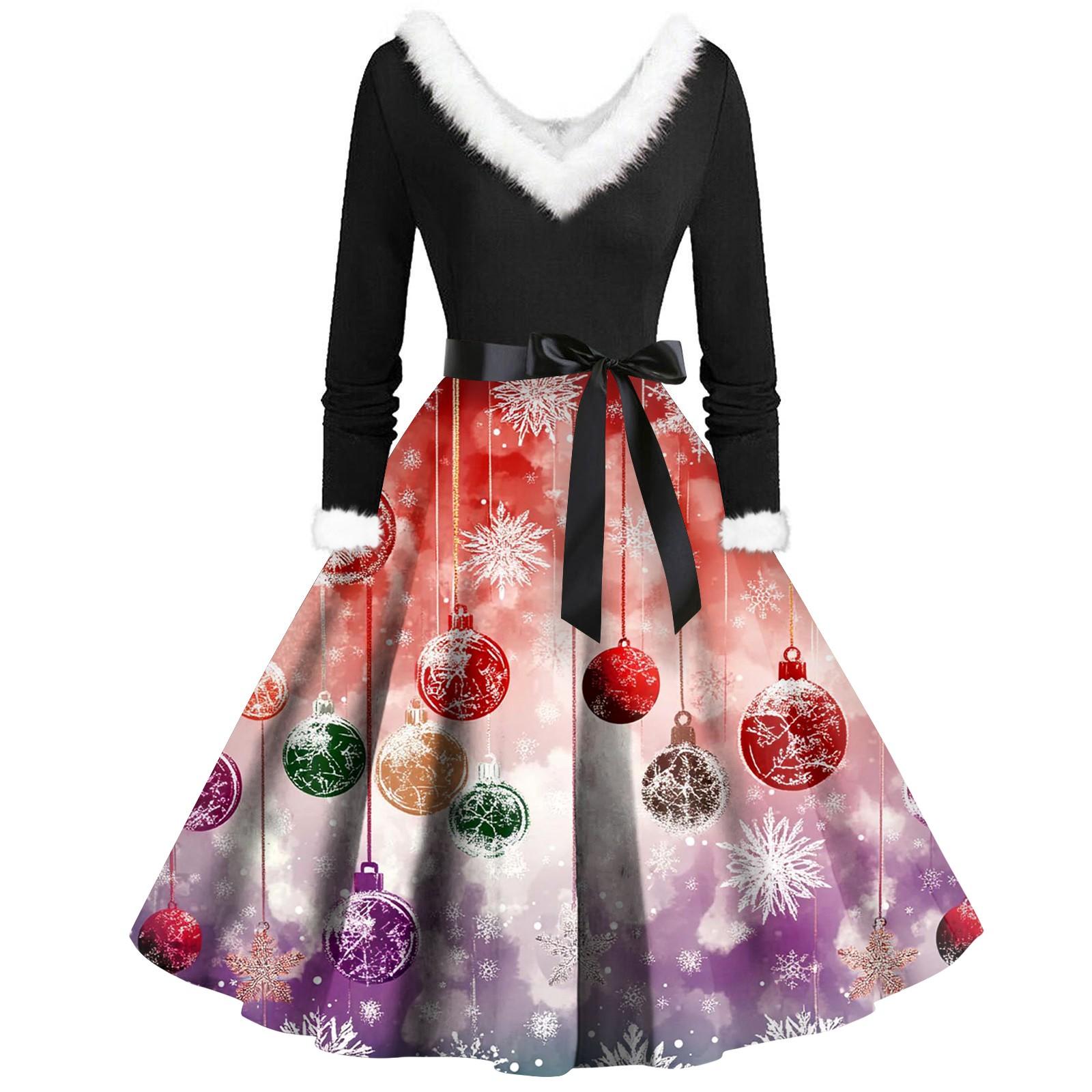 

Женские повседневные модные плюшевые платья с V-образным вырезом и рождественским принтом XXXL киноварь