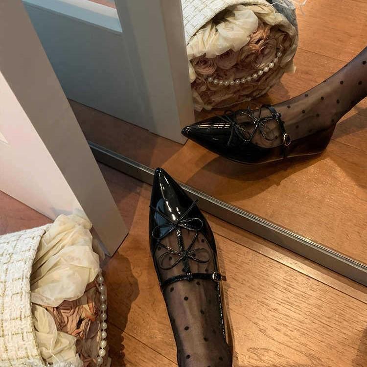 Fashion Flat Shoes for Women 2025 Spring and Autumn Pointed Bow Mary Jane Black Banquet Large Size Women's Shoes