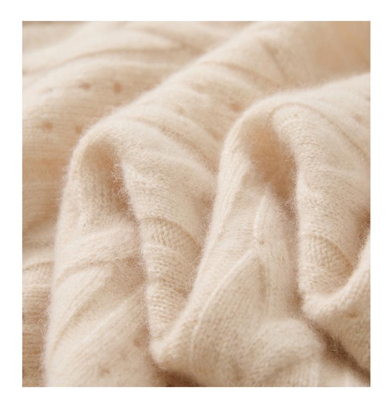 2025 Autumn/Winter Women's 100% Cashmere Round Neck Hollow Cable Knit Casual Loose Pullover Sweater