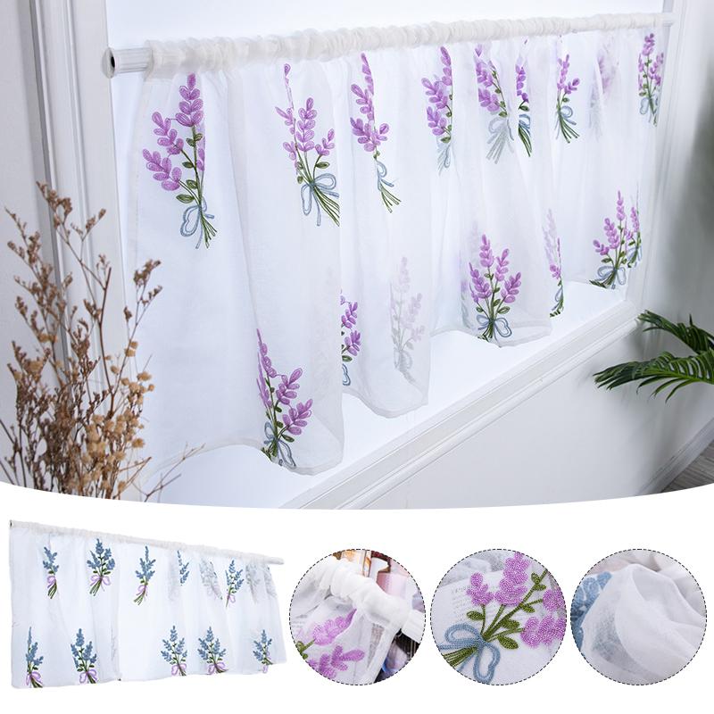 Pastoral Style Flower Embroidery Short Curtain Drapery Bedroom Window Panel Sheer Korean Fresh Half-Curtain Cafe Decor 100x50cm