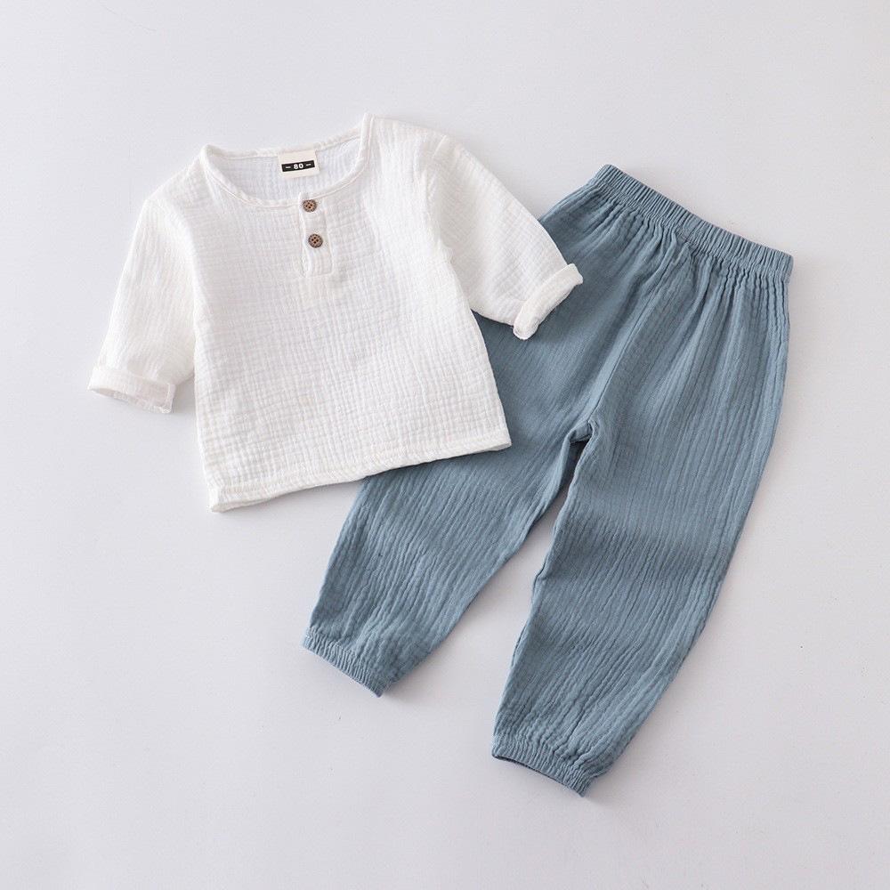Kids Cotton Linen Long Sleeve Set Spring Summer Outfit Boys Girls Loose Two Piece Pure Color Breathable Comfortable
