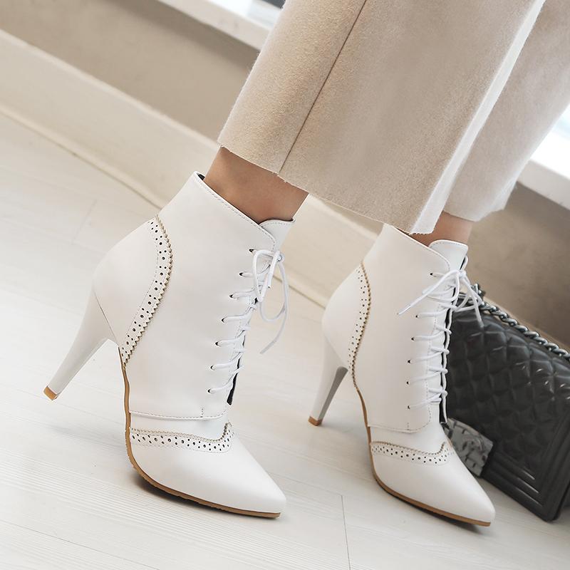 

Жіночі короткі чоботи на високому каблуці, осінь і зима, нові різьблені вінтажні гострі тонкі каблуки, однотонні короткі чоботи на шнурівці 37 білий