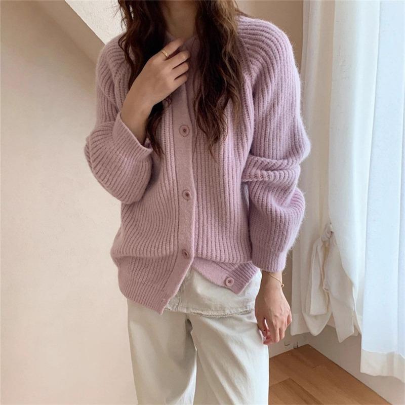 Lazy Wind Thick Needle Crew Neck Sweater Jacket Women's Autumn and Winter New Loose Thickened Soft Waxy Knitted Cardigan Top