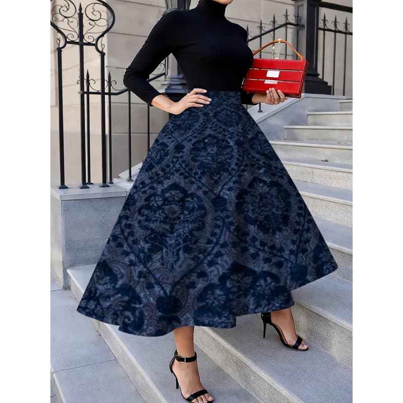 Elegancka i modna spódnica midi damska, casualowa sukienka midi z nadrukiem, modny wzorzysty nadruk, do biura/na relaks/na randkę/na imprezy/na kanapki