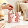 Soft Bow Tie Cat Decor Pen Holder, Cute Kitty Desk Organizer with Pens, Pencils, Makeup Brushes, 3D Printed Sculpture for Home Office Pencil Cup