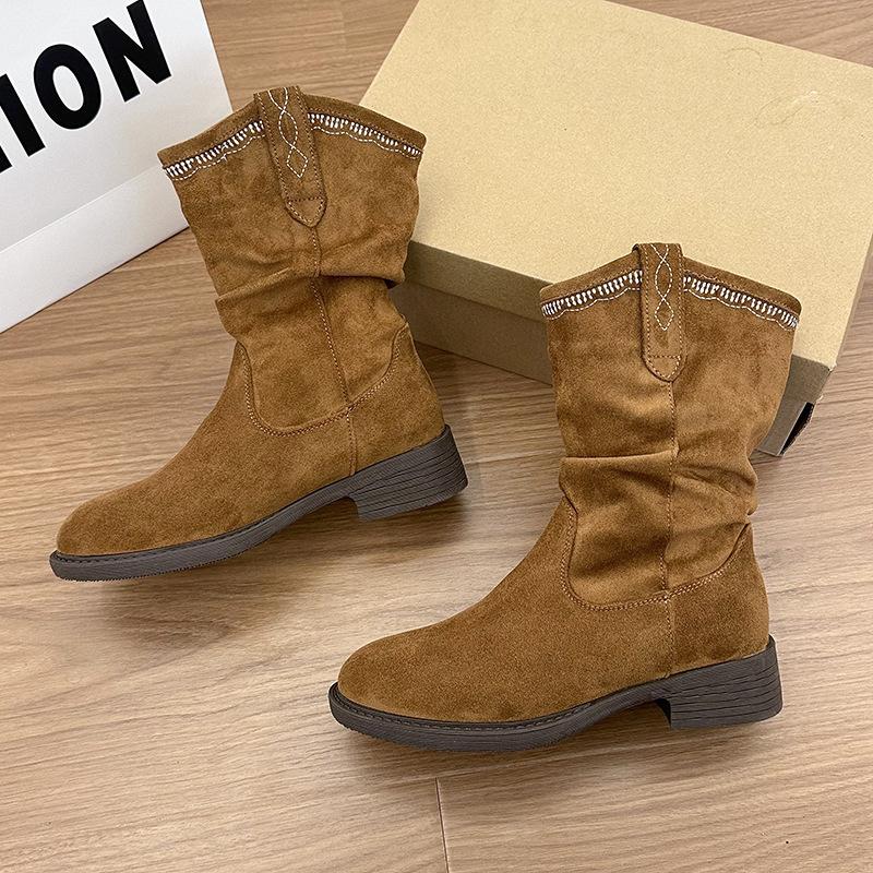 Retro style stacking boots women's spring and autumn new fashion thick heel medium boots western cowboy boots knight fashion boots